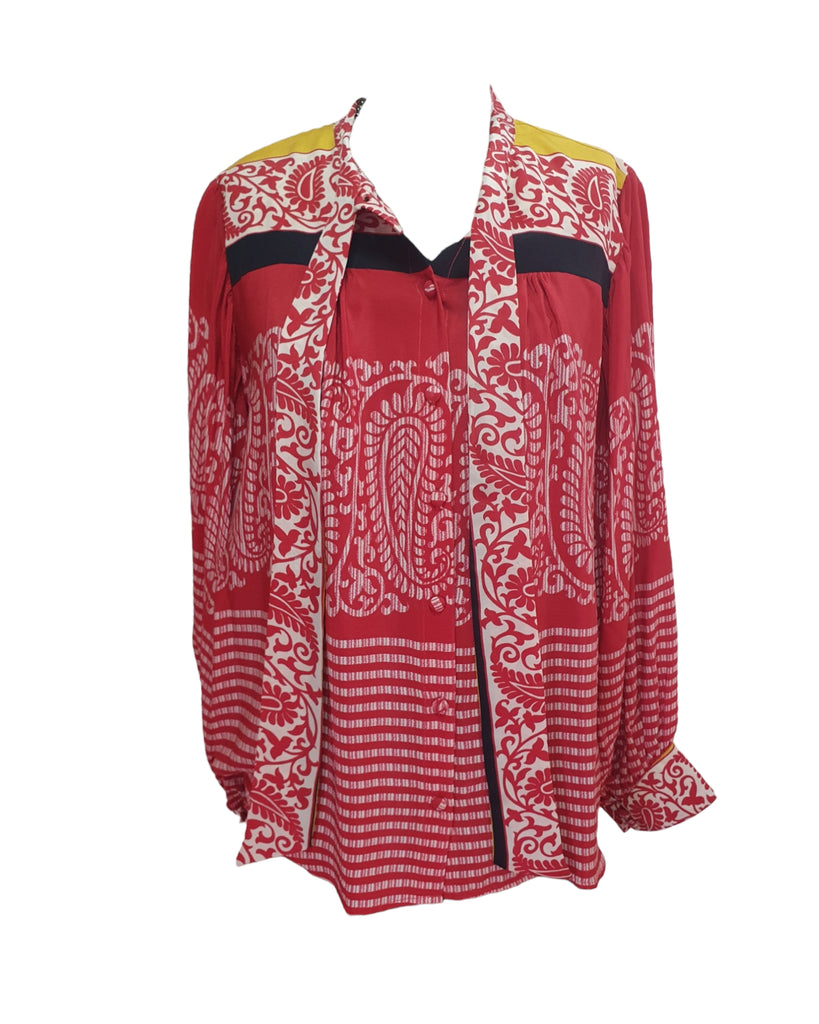 Silk handmade Birkin blouse in red with white and yellow patterns – front