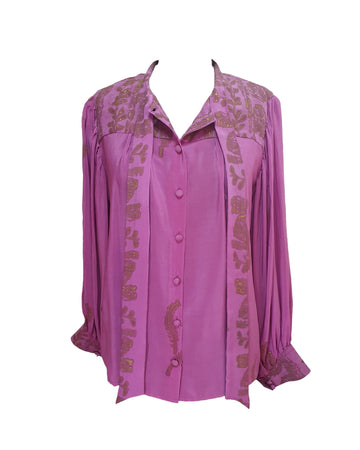 Silk handmade Birkin blouse in purple with gold patterns – front