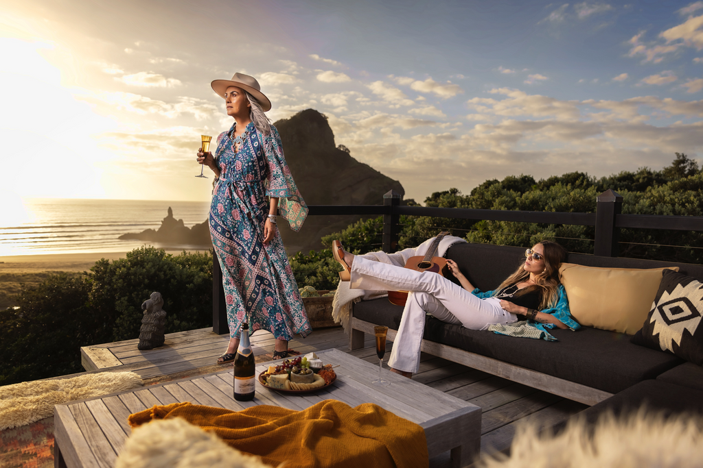 pure silk kaftans and kimonos- women lounging in sun in bespoke designs