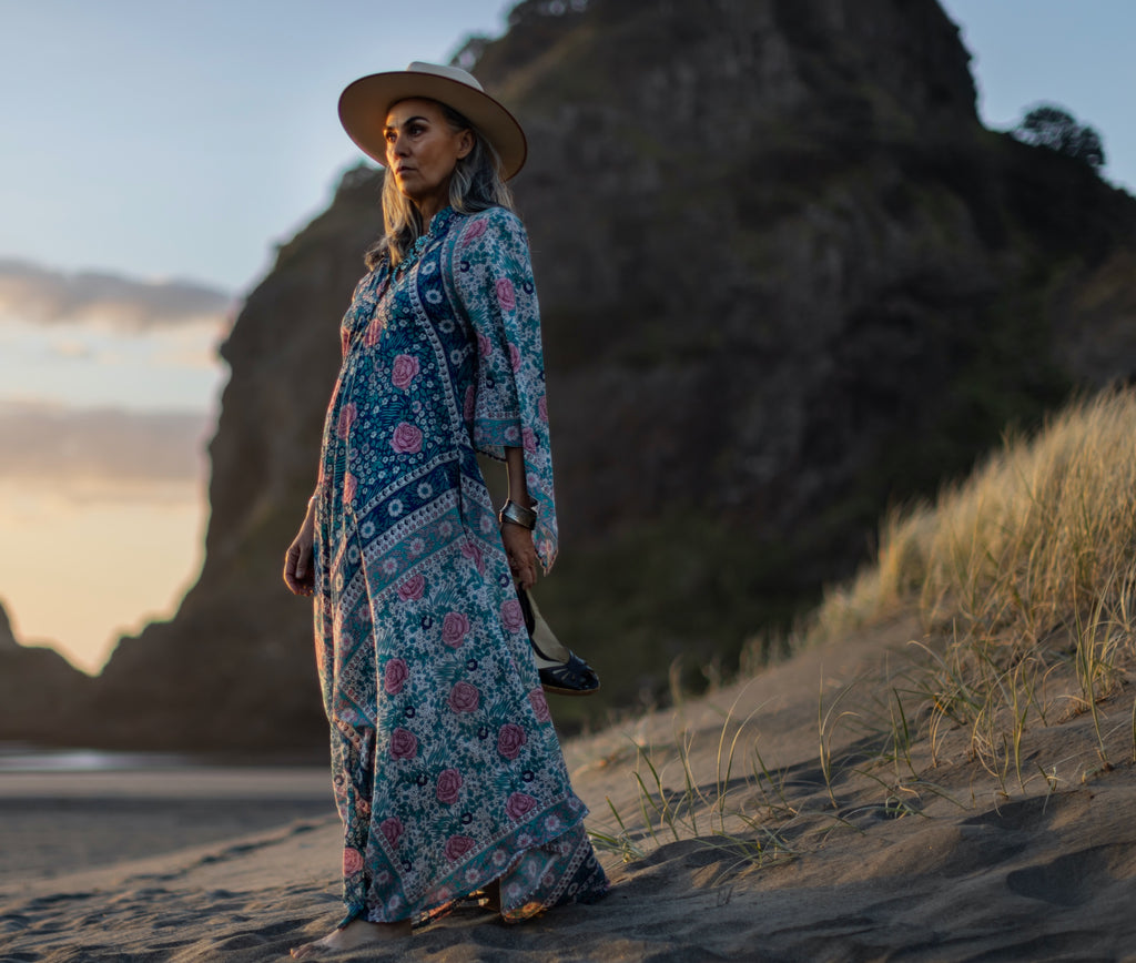 Bed of roses kaftan bespoke design blue floral pattern