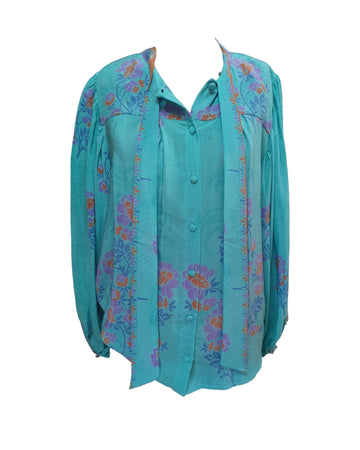 Silk handmade Birkin blouse in Turquoise – front