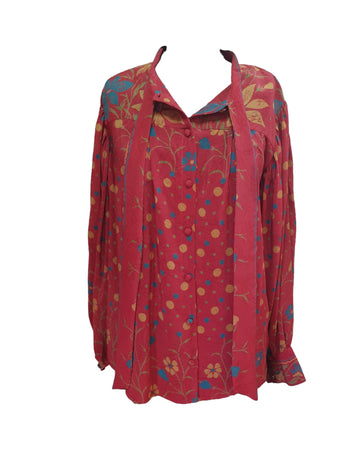 Silk handmade Birkin blouse in red with blue and yellow patterns – front