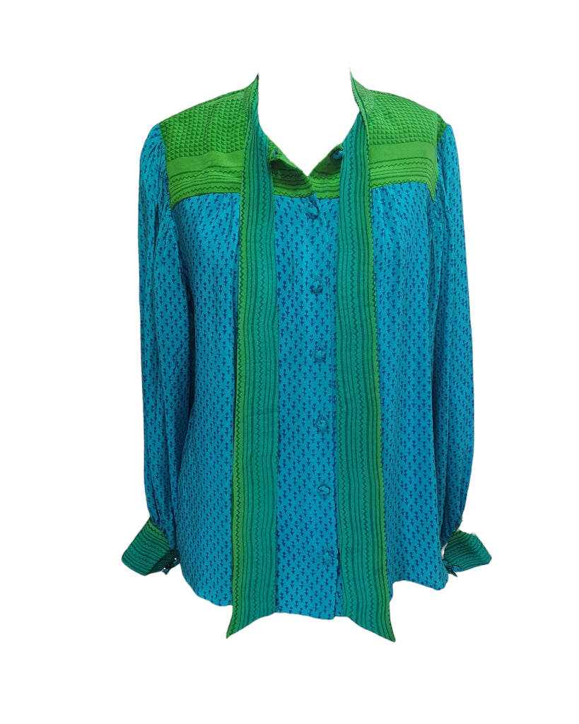 Silk handmade Birkin blouse in Turquoise with green yoke – front