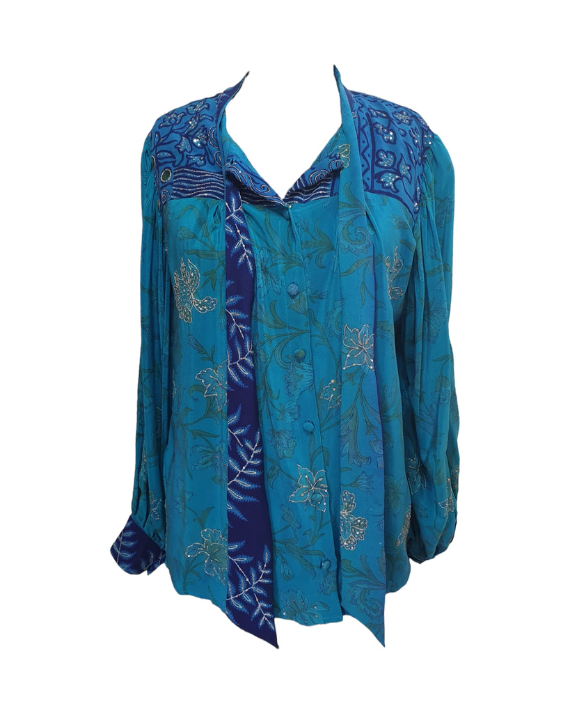 Silk handmade Birkin blouse in Turquoise with silver flowers – front