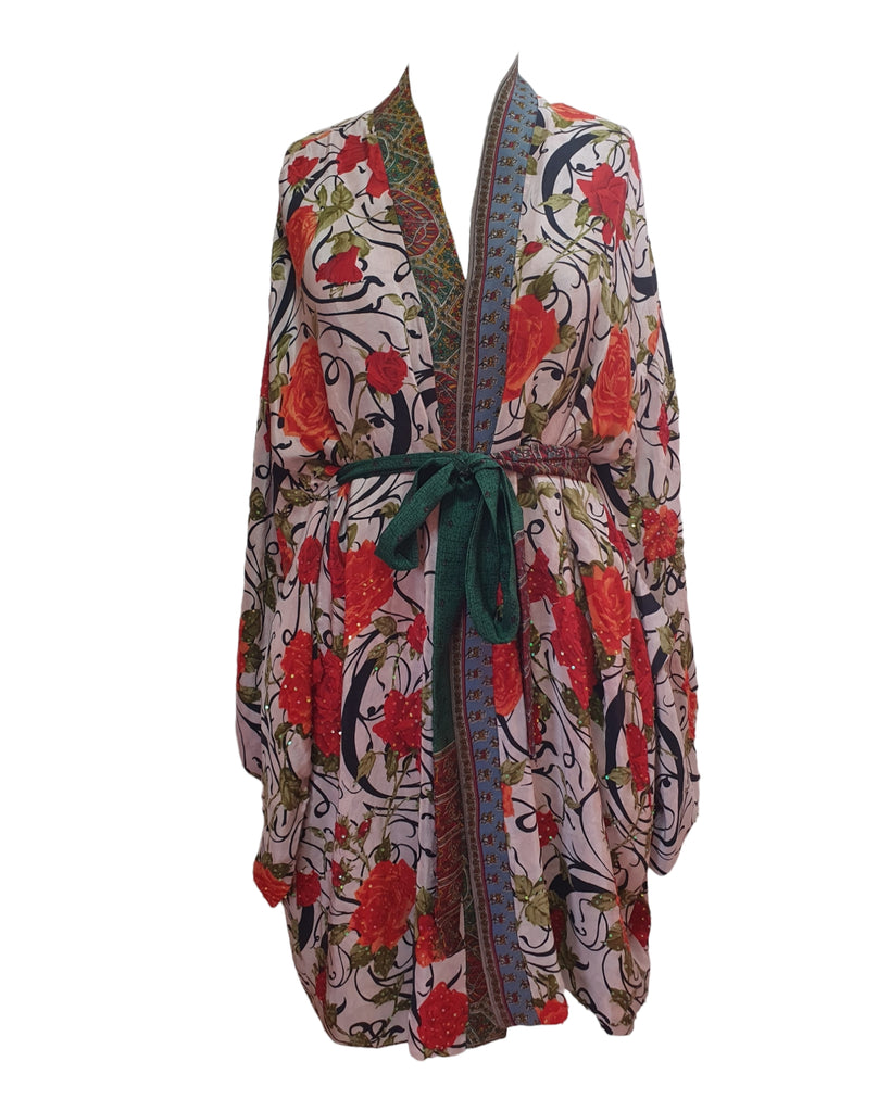 Handmade silk reversible kimono in white with red flowers - front