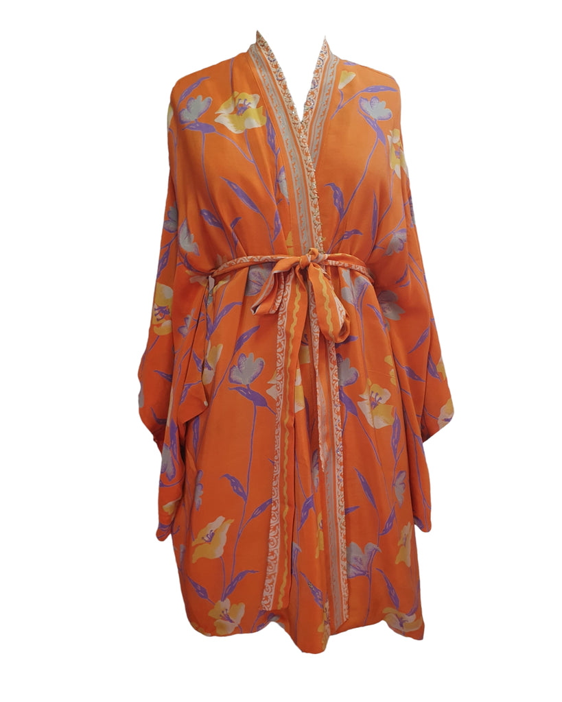 Handmade silk reversible kimono in orange with yellow flowers - front