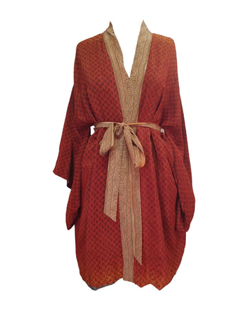 Handmade silk reversible kimono in red with black floral patterns - front